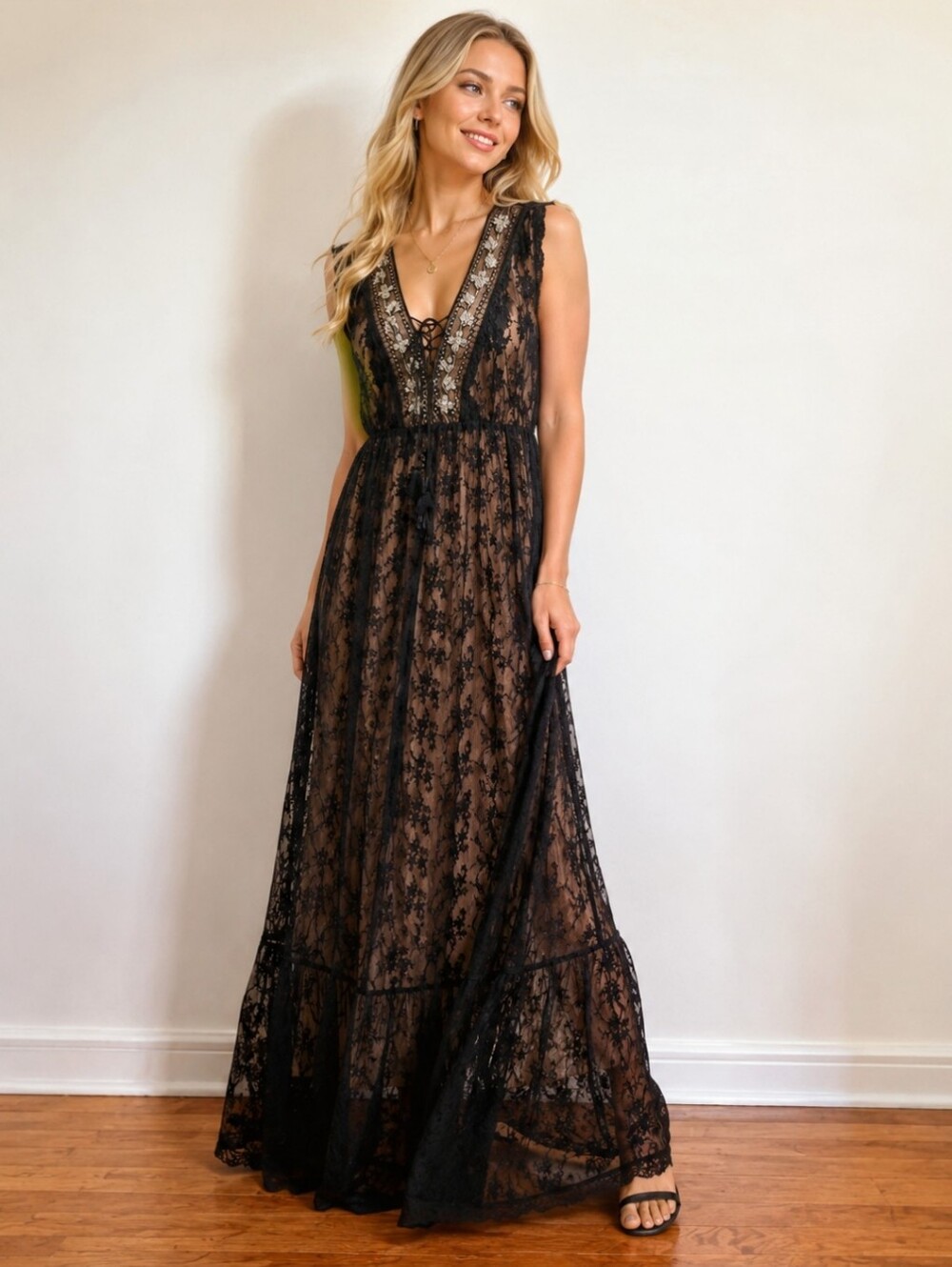 La Bellum Hillary Scott Black Lace Maxi Dress Sheer Embroidered Whimsigoth 8